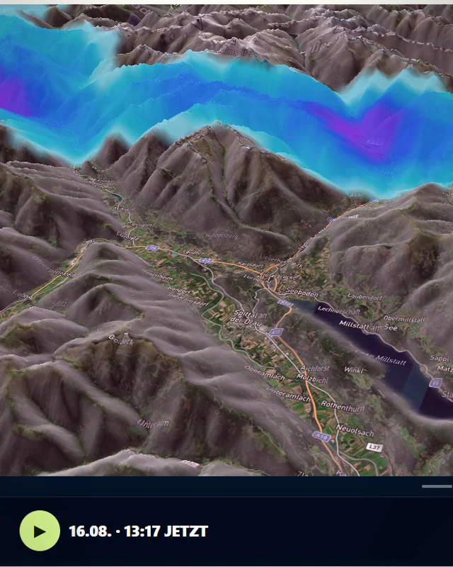Wetterradar über einem dreidimensionalen Alpental, Niederschlag in Blautönen über den Bergrücken