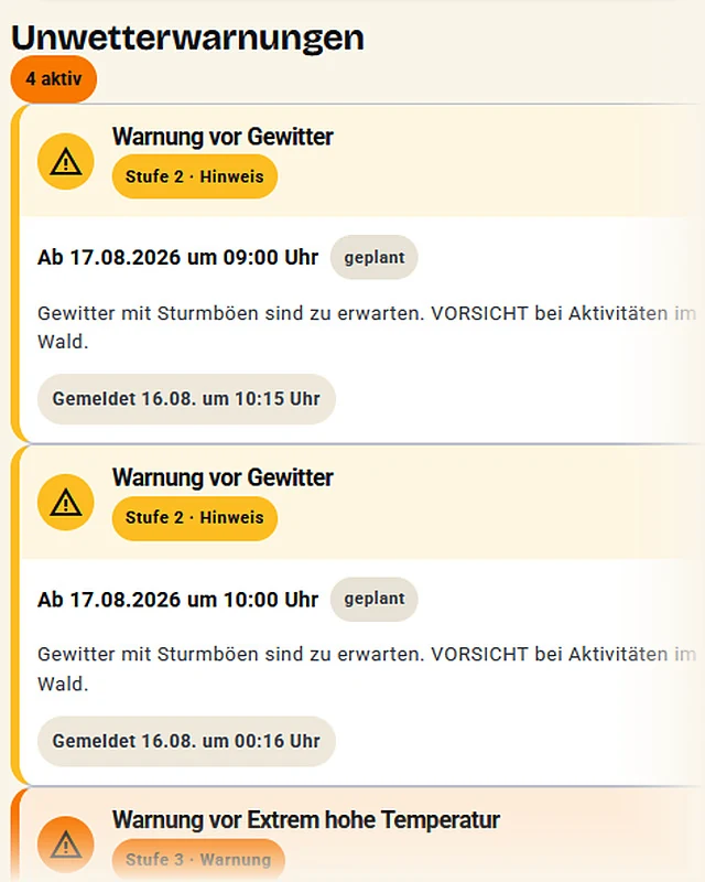 Liste mit Unwetterwarnungen: Gewitterwarnungen der Stufe 2 und eine Hitzewarnung der Stufe 3
