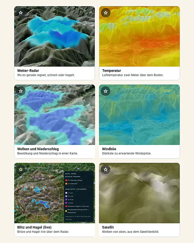 Raster aus Wetterkarten: Radar, Temperatur, Wolken, Windböe, Blitz und Hagel, Satellit