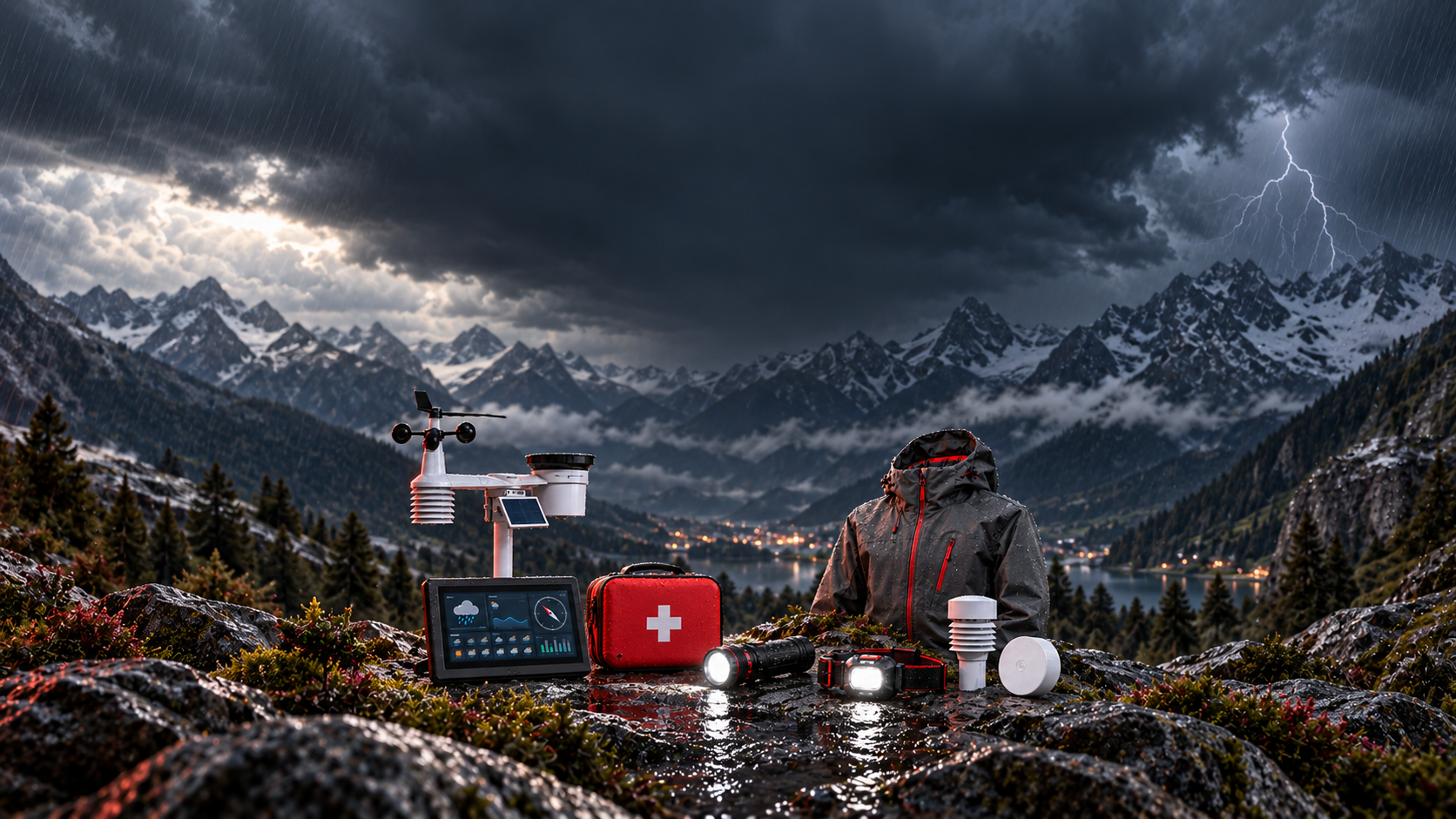 Wetterstation, Notfallausrüstung und Outdoor-Technik vor einer Gewitterkulisse in den Alpen