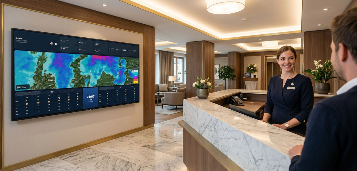 Lobby-Screen: Wetter-Display auf einem TV in der Hotel-Lobby mit Regenradar und Wetterbericht