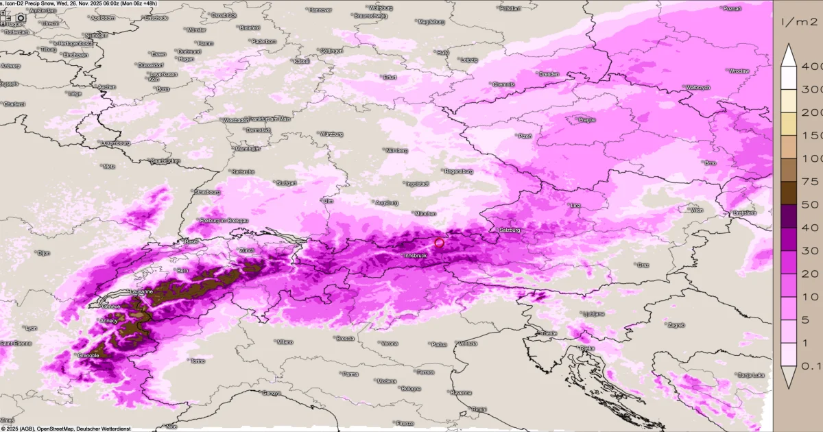 Schneeband über den Alpen – bis zur Wochenmitte kommt der Schnee zurück