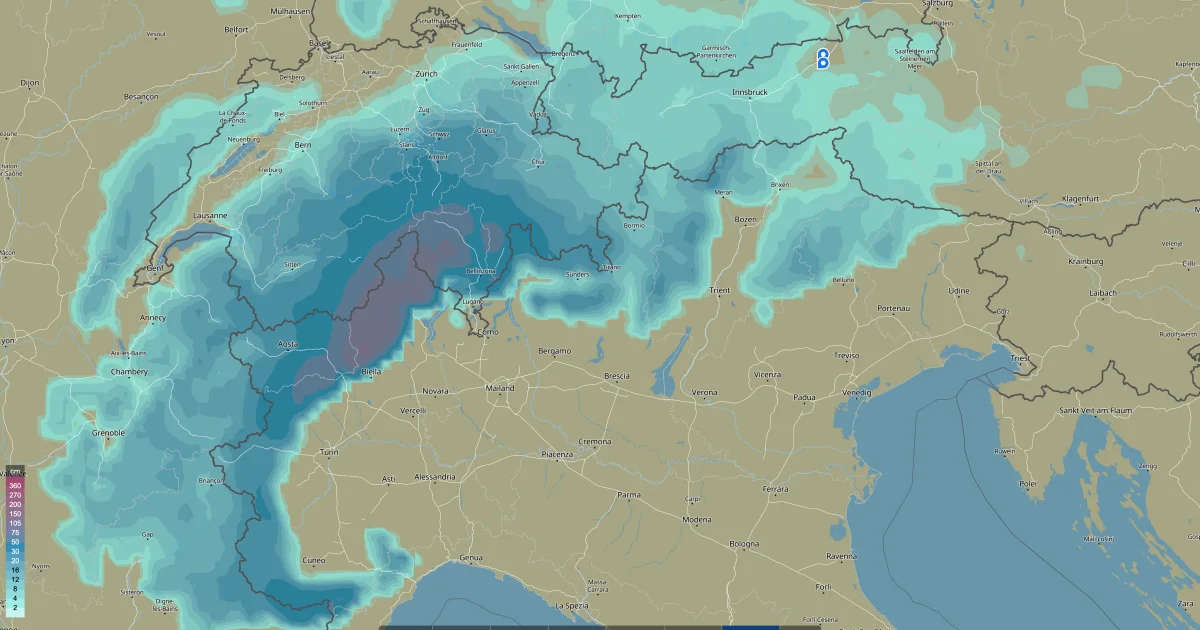 Kräftige Schneefälle auf der Alpensüdseite, lokal über 1 Meter Neuschnee möglich!