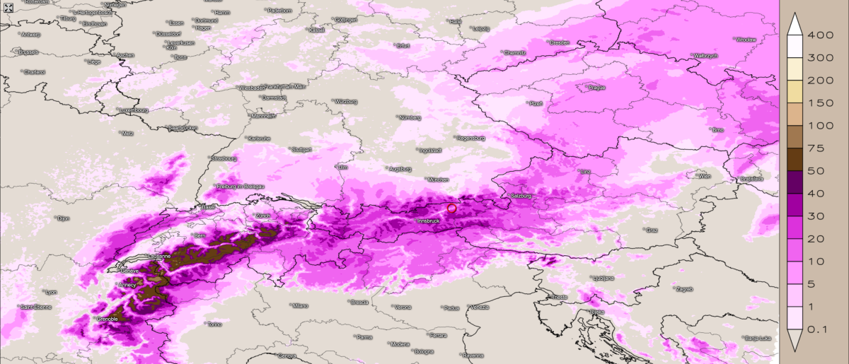 Schneeband über den Alpen – bis zur Wochenmitte kommt der Schnee zurück