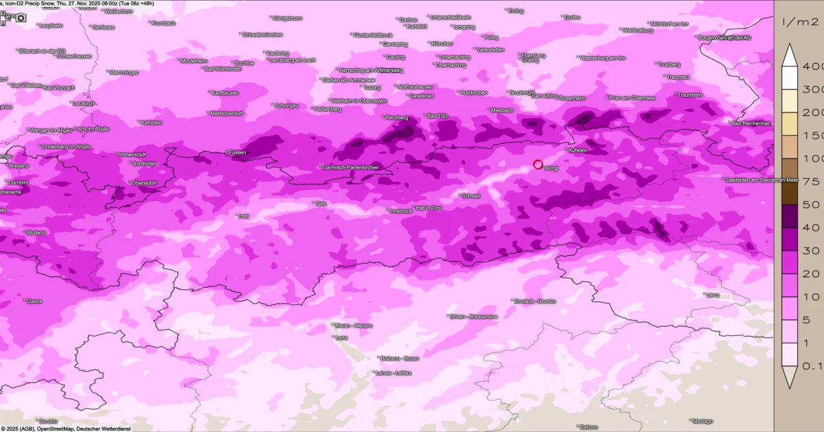 Wetterausblick für Tirol bis Donnerstagfrüh – verbreitet Neuschnee entlang der Nordalpen.