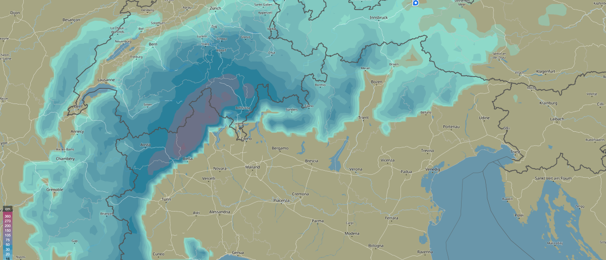 Kräftige Schneefälle auf der Alpensüdseite, lokal über 1 Meter Neuschnee möglich!